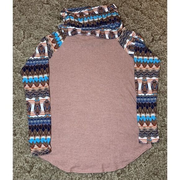 Ba Bel Tunic Womens S Red Beige Aztec Tribal Casual‎ Blouse Top Mock Cowl Neck - Picture 5 of 8